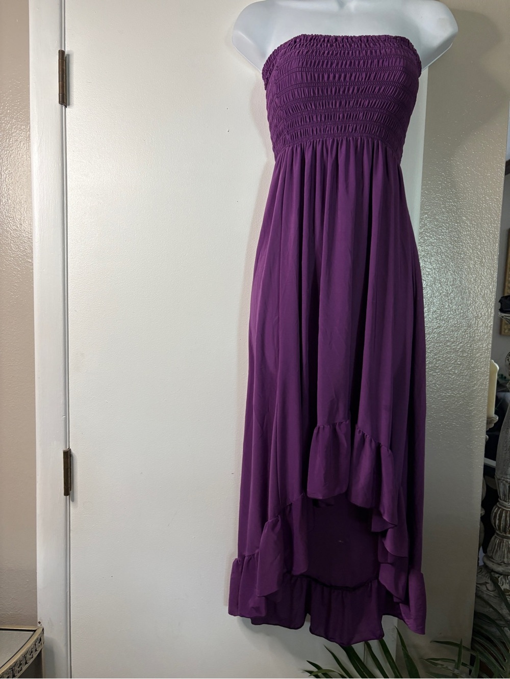 Vintage Strapless Smocked High-Low Dress in Purple